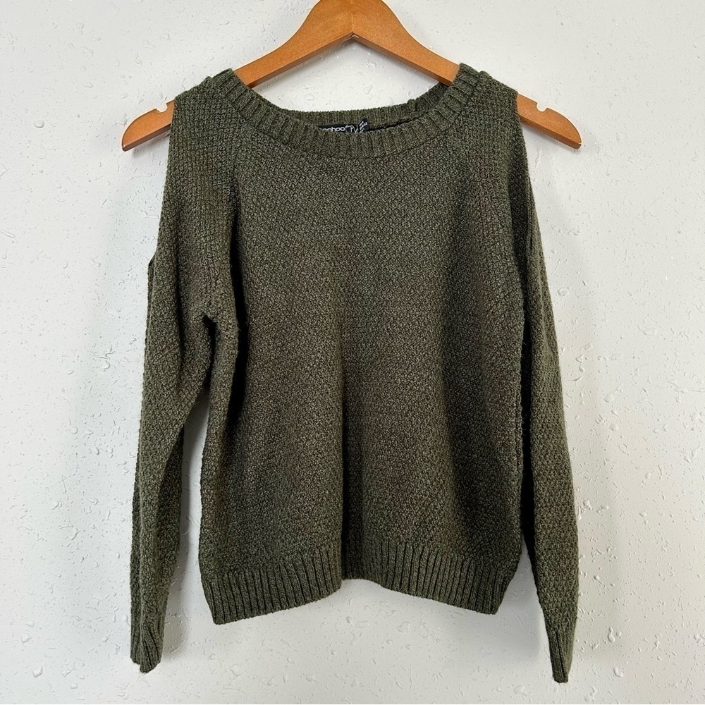 🦋 Boohoo Olive Green Shoulder Cutout Crewneck Sweater Size 1